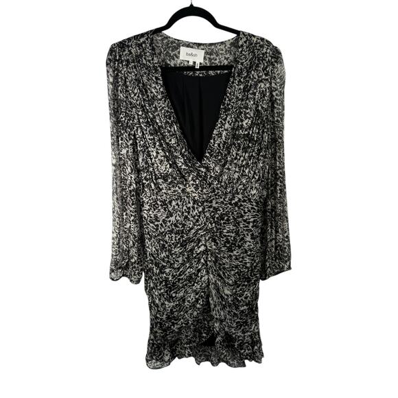 ba&sh Robe Ezra Noir Black White Mini Dress Ruched Chiffon Womens 3 US Large - Picture 2 of 10